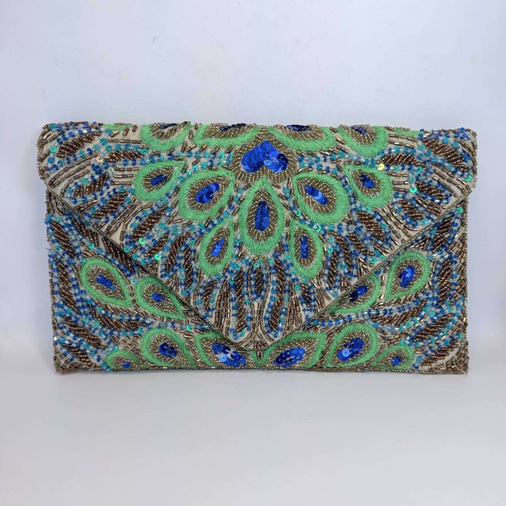 Clements Ribeiro Black Peacock Beaded Sequin Clutch Evening Bag Blue Green